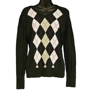 Merona Knit Argyle Black Pink & Gray V-Neck Sweater Women’s Medium